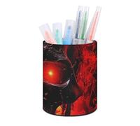 HETVBNS Black And Red Skull Pen Holder for Desk PU Leather Round Desk Organizer Multifunctional Makeup Brush Storage Aesthetic Desktop Supplies Stylish Pencil Holder for Office & Home