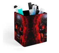 HETVBNS Black And Red Skull Pen Holder for Desk - PU Leather Square Desk Organizer Travel Makeup Brush Storage Stylish Pencil Holder Desktop Stationery Organizer for Office & Home