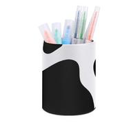 HETVBNS Black And White Cow Print Pen Holder for Desk PU Leather Round Desk Organizer Multifunctional Makeup Brush Storage Aesthetic Desktop Supplies Stylish Pencil Holder for Office & Home