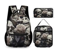 HETVBNS Black And White Flowers And Skull Backpack Set 3 Piece, Durable Backpack Insulated Lunch Bag Portable Pencil Case for Men Women