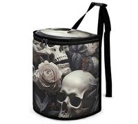HETVBNS Black and White Flowers and Skull Car Trash Can with Lid, Leakproof Hanging Automotive Trash Bin, Waterproof Garbage Storage Bag for Vehicles, RV, Bathroom, Office