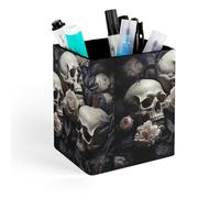 HETVBNS Black And White Flowers And Skull Pen Holder for Desk - PU Leather Square Desk Organizer Travel Makeup Brush Storage Stylish Pencil Holder Desktop Stationery Organizer for Office & Home