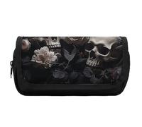 HETVBNS Black And White Flowers And Skull Pencil Case Extra Large, Double Layer Pencil Pouch with Zipper, Portable Cosmetic Bags for Travel, Office Stationery Organizer for Women Men
