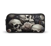 HETVBNS Black And White Flowers And Skull Pencil Case Large Capacity, Durable Pencil Pouch Portable Small Cosmetic Bag with Metal Zipper, Simple Makeup Pouch Aesthetic Toiletry Bag for Travel Office