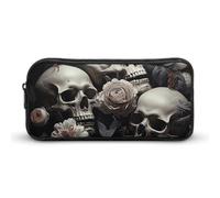 HETVBNS Black And White Flowers And Skull Pencil Case Large Capacity Zipper Pouch, Durable Pencil Box Organizer, Portable Small Cosmetic Bag for Office, Travel
