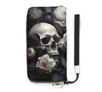 HETVBNS Black And White Flowers And Skull Wallet, Elegant Wristlet Wallet with Multi-Card Slots, PU Leather Long Purse for Women, Men