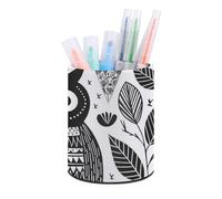 HETVBNS Black And White Owl Pen Holder for Desk PU Leather Round Desk Organizer Multifunctional Makeup Brush Storage Aesthetic Desktop Supplies Stylish Pencil Holder for Office & Home