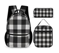 HETVBNS Black And White Plaid Backpack Set 3 Piece, Durable Backpack Insulated Lunch Bag Portable Pencil Case for Men Women