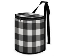 HETVBNS Black and White Plaid Car Trash Can with Lid, Leakproof Hanging Automotive Trash Bin, Waterproof Garbage Storage Bag for Vehicles, RV, Bathroom, Office