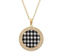 HETVBNS - Black and white plaid necklace, round alloy pendant with diamond, elegant pendant necklace for women men, Una talla, Metal, Alloy.