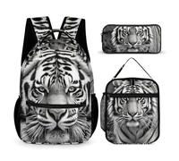 HETVBNS Black And White Tiger Backpack Set 3 Piece, Durable Backpack Insulated Lunch Bag Portable Pencil Case for Men Women
