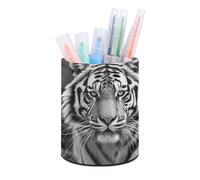 HETVBNS Black And White Tiger Pen Holder for Desk PU Leather Round Desk Organizer Multifunctional Makeup Brush Storage Aesthetic Desktop Supplies Stylish Pencil Holder for Office & Home