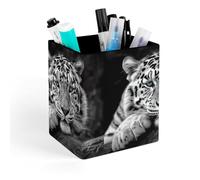 HETVBNS Black And White Tiger Pen Holder for Desk - PU Leather Square Desk Organizer Travel Makeup Brush Storage Stylish Pencil Holder Desktop Stationery Organizer for Office & Home