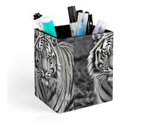 HETVBNS Black And White Tiger Pen Holder for Desk - PU Leather Square Desk Organizer Travel Makeup Brush Storage Stylish Pencil Holder Desktop Stationery Organizer for Office & Home