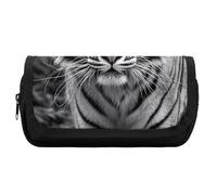 HETVBNS Black And White Tiger Pencil Case Extra Large, Double Layer Pencil Pouch with Zipper, Portable Cosmetic Bags for Travel, Office Stationery Organizer for Women Men