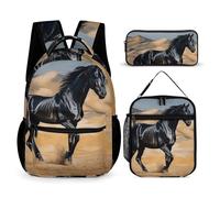 HETVBNS Black Arabian Horse Backpack Set 3 Piece, Durable Backpack Insulated Lunch Bag Portable Pencil Case for Men Women