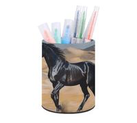 HETVBNS Black Arabian Horse Pen Holder for Desk PU Leather Round Desk Organizer Multifunctional Makeup Brush Storage Aesthetic Desktop Supplies Stylish Pencil Holder for Office & Home