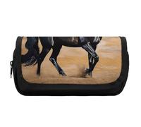 HETVBNS Black Arabian Horse Pencil Case Extra Large, Double Layer Pencil Pouch with Zipper, Portable Cosmetic Bags for Travel, Office Stationery Organizer for Women Men
