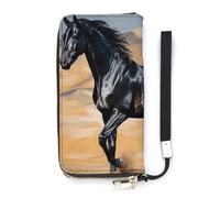 HETVBNS Black Arabian Horse Wallet, Elegant Wristlet Wallet with Multi-Card Slots, PU Leather Long Purse for Women, Men