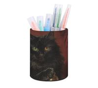 HETVBNS Black Fluffy Cat Pen Holder for Desk PU Leather Round Desk Organizer Multifunctional Makeup Brush Storage Aesthetic Desktop Supplies Stylish Pencil Holder for Office & Home
