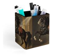 HETVBNS Black Horse Pen Holder for Desk - PU Leather Square Desk Organizer Travel Makeup Brush Storage Stylish Pencil Holder Desktop Stationery Organizer for Office & Home