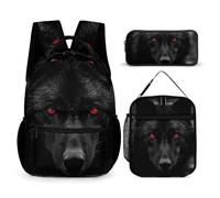 HETVBNS Black Red Eyed Wolf Backpack Set 3 Piece, Durable Backpack Insulated Lunch Bag Portable Pencil Case for Men Women