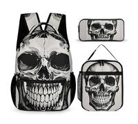 HETVBNS Black Skull Pattern Backpack Set 3 Piece, Durable Backpack Insulated Lunch Bag Portable Pencil Case for Men Women