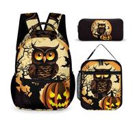 HETVBNS Black Tree Owl Pumpkin Head Backpack Set 3 Piece, Durable Backpack Insulated Lunch Bag Portable Pencil Case for Men Women