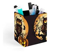 HETVBNS Black Tree Owl Pumpkin Head Pen Holder for Desk - PU Leather Square Desk Organizer Travel Makeup Brush Storage Stylish Pencil Holder Desktop Stationery Organizer for Office & Home