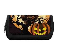 HETVBNS Black Tree Owl Pumpkin Head Pencil Case Extra Large, Double Layer Pencil Pouch with Zipper, Portable Cosmetic Bags for Travel, Office Stationery Organizer for Women Men