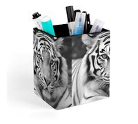 HETVBNS Black White Tiger Pen Holder for Desk - PU Leather Square Desk Organizer Travel Makeup Brush Storage Stylish Pencil Holder Desktop Stationery Organizer for Office & Home