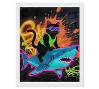 HETVBNS Blacklight Cat Riding Shark Diamond Painting Kits for Adults, Full Round Drill DIY Diamond Art for Beginners, 5D Gem Art and Crafts for Home Wall Decor 16"x20"