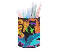 HETVBNS Blacklight Cat Riding Shark Pen Holder for Desk PU Leather Round Desk Organizer Multifunctional Makeup Brush Storage Aesthetic Desktop Supplies Stylish Pencil Holder for Office & Home