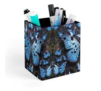 HETVBNS Blue Butterfly Pen Holder for Desk - PU Leather Square Desk Organizer Travel Makeup Brush Storage Stylish Pencil Holder Desktop Stationery Organizer for Office & Home