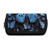 HETVBNS Blue Butterfly Pencil Case Extra Large, Double Layer Pencil Pouch with Zipper, Portable Cosmetic Bags for Travel, Office Stationery Organizer for Women Men