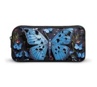 HETVBNS Blue Butterfly Pencil Case Large Capacity, Durable Pencil Pouch Portable Small Cosmetic Bag with Metal Zipper, Simple Makeup Pouch Aesthetic Toiletry Bag for Travel Office