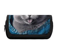 HETVBNS Blue Cat Pencil Case Extra Large, Double Layer Pencil Pouch with Zipper, Portable Cosmetic Bags for Travel, Office Stationery Organizer for Women Men