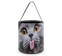 HETVBNS Blue Cat Sticking Out Tongue Candy Bag Halloween Trick Or Treat Bucket 7.9x8.3in, Reusable Gift Bags for Party Holiday Wedding