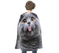 HETVBNS Blue Cat Sticking Out Tongue Halloween Cape Reversible Cosplay Costume Party Cloak for Masquerade, Christmas, Role Play