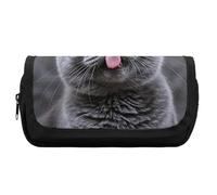 HETVBNS Blue Cat Sticking Out Tongue Pencil Case Extra Large, Double Layer Pencil Pouch with Zipper, Portable Cosmetic Bags for Travel, Office Stationery Organizer for Women Men