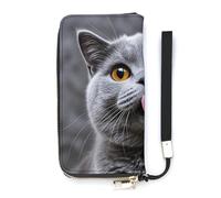 HETVBNS Blue Cat Sticking Out Tongue Wallet, Elegant Wristlet Wallet with Multi-Card Slots, PU Leather Long Purse for Women, Men