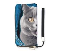 HETVBNS Blue Cat Wallet, Elegant Wristlet Wallet with Multi-Card Slots, PU Leather Long Purse for Women, Men