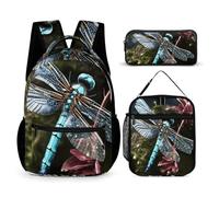 HETVBNS Blue Dragonfly Backpack Set 3 Piece, Durable Backpack Insulated Lunch Bag Portable Pencil Case for Men Women