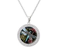HETVBNS Blue Dragonfly Necklace, Round Alloy Pendant with Diamond, Elegant Pendant Necklace for Women Men, Una talla, Metal, Alloy.