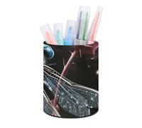 HETVBNS Blue Dragonfly Pen Holder for Desk PU Leather Round Desk Organizer Multifunctional Makeup Brush Storage Aesthetic Desktop Supplies Stylish Pencil Holder for Office & Home