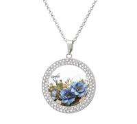 HETVBNS Blue Flower Dragonfly Necklace Round Pendant Alloy Diamond Elegant Pendant Necklace for Women Men, Una talla, Metal, Alloy.