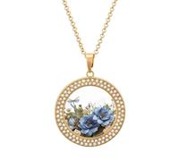 HETVBNS Blue Flower Dragonfly Necklace Round Pendant Alloy Diamond Elegant Pendant Necklace for Women Men, Una talla, Metal, Alloy.