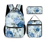 HETVBNS Blue Flower Floral Pattern Roses Backpack Set 3 Piece, Durable Backpack Insulated Lunch Bag Portable Pencil Case for Men Women