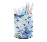 HETVBNS Blue Flower Floral Pattern Roses Pen Holder for Desk PU Leather Round Desk Organizer Multifunctional Makeup Brush Storage Aesthetic Desktop Supplies Stylish Pencil Holder for Office & Home
