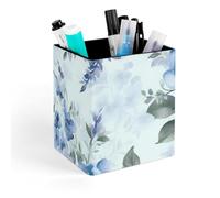 HETVBNS Blue Flower Floral Pattern Roses Pen Holder for Desk - PU Leather Square Desk Organizer Travel Makeup Brush Storage Stylish Pencil Holder Desktop Stationery Organizer for Office & Home